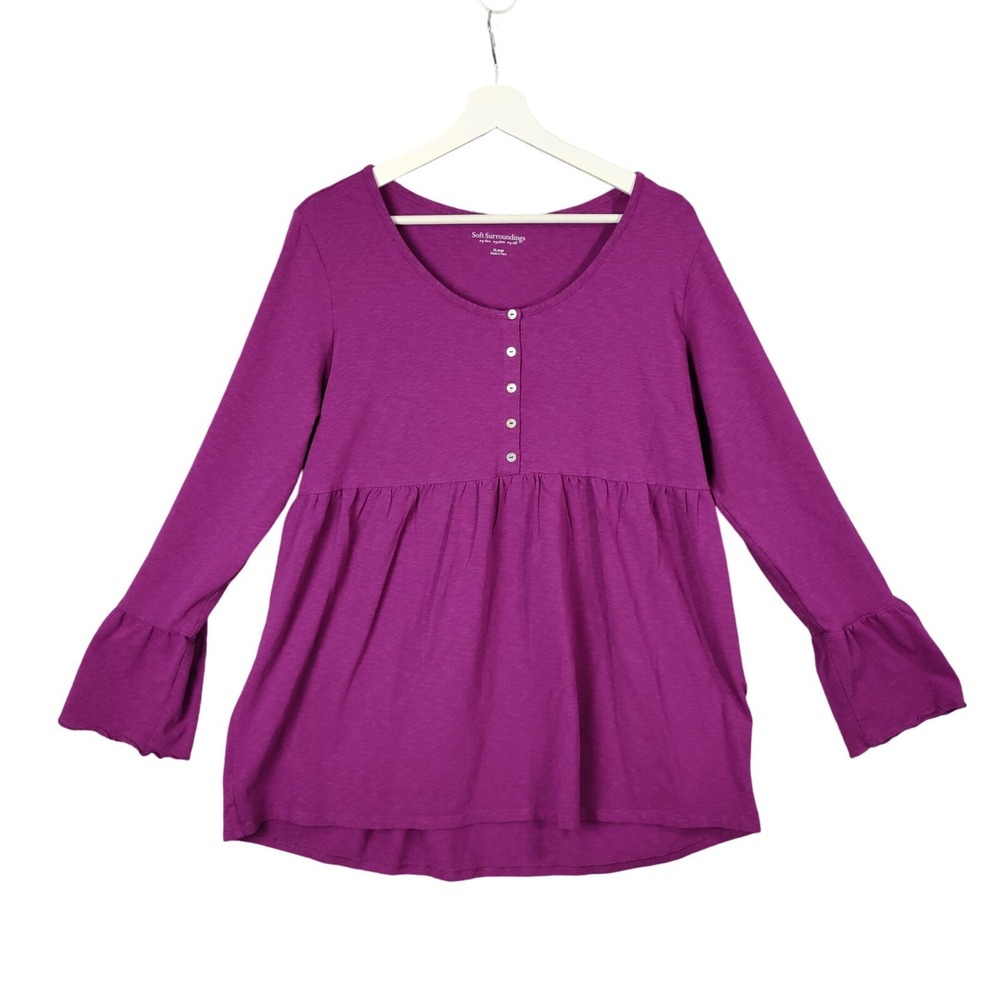 Soft Surroundings Women Romantic Cottage Peplum Top XL Purple Henley Ruffle Bell